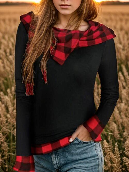 Plaid Long Sleeve Hooded Blouse - Ladyez