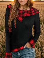 Plaid Long Sleeve Hooded Blouse - Ladyez