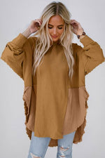 Contrast Texture Round Neck Long Sleeve Blouse - Ladyez