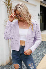 Open Front Cuffed Cropped Cardigan - Ladyez