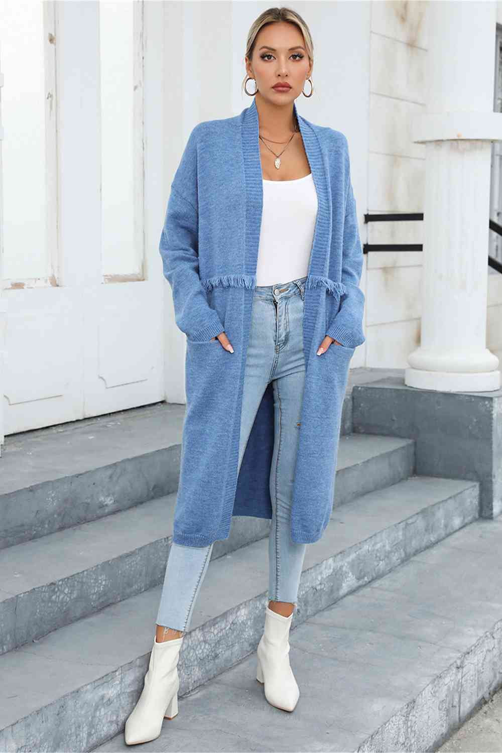 Open Front Pocketed Cardigan - Ladyez