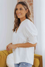Smocked Flounce Sleeve Notched Neck Blouse - Ladyez