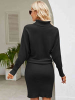Turtle Neck Long Sleeve Ribbed Sweater Dress - Ladyez