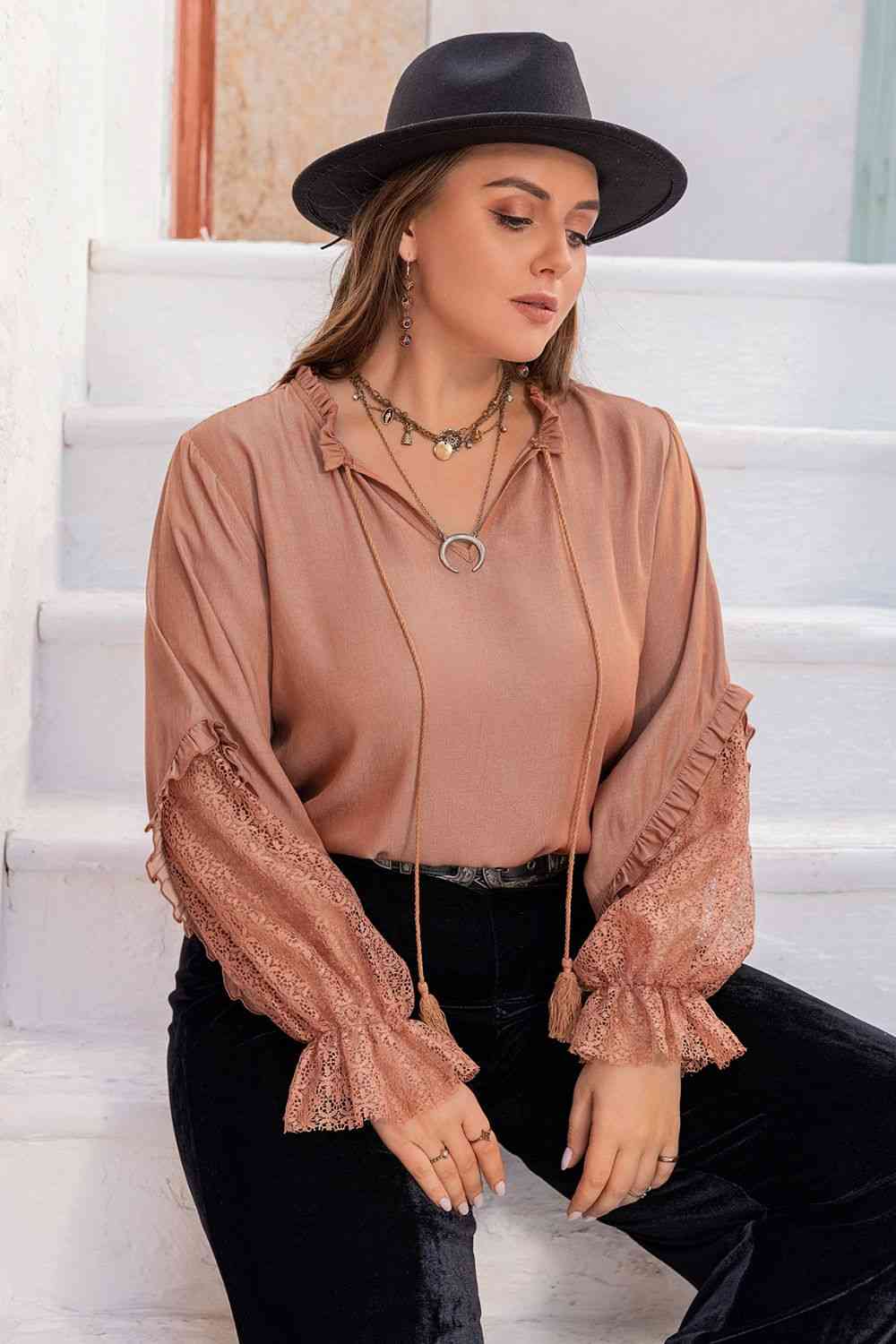 Plus Size Tie Neck Flounce Sleeve Blouse - Ladyez