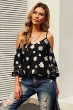 Printed Cold-Shoulder Three-Quarter Flare Sleeve Blouse - Ladyez