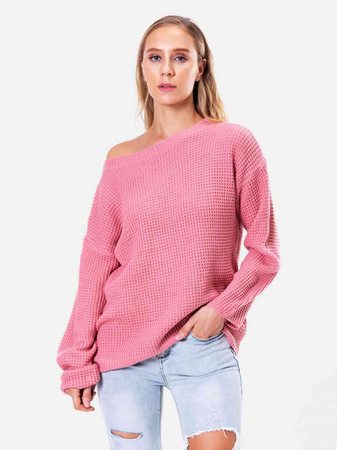 Boat Neck Drop Shoulder Long Sleeve Sweater - Ladyez