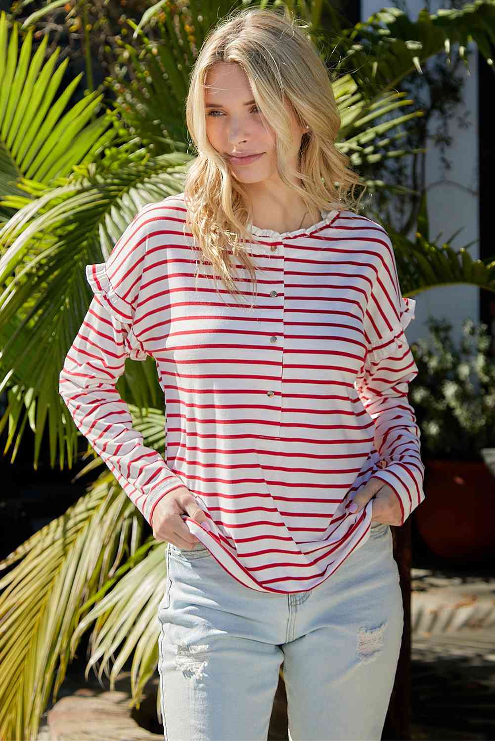 Striped Half Button Frill Trim Top - Ladyez
