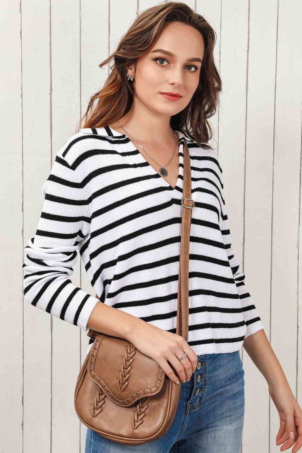 Double Take Striped Johnny Collar Long Sleeve Knit Top - Ladyez