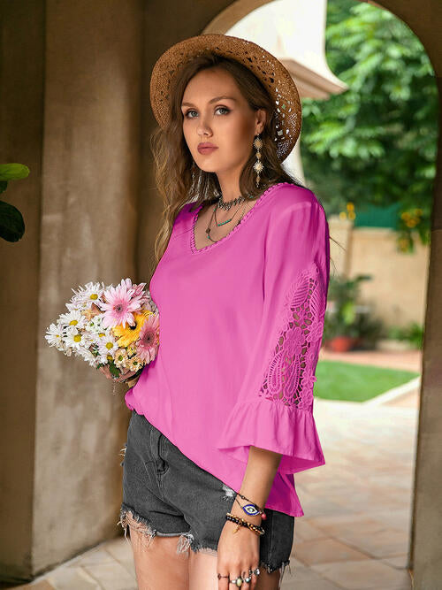 Double Take Plus Size Flower Crochet Flare Sleeve Top - Ladyez