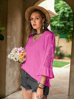 Double Take Plus Size Flower Crochet Flare Sleeve Top - Ladyez