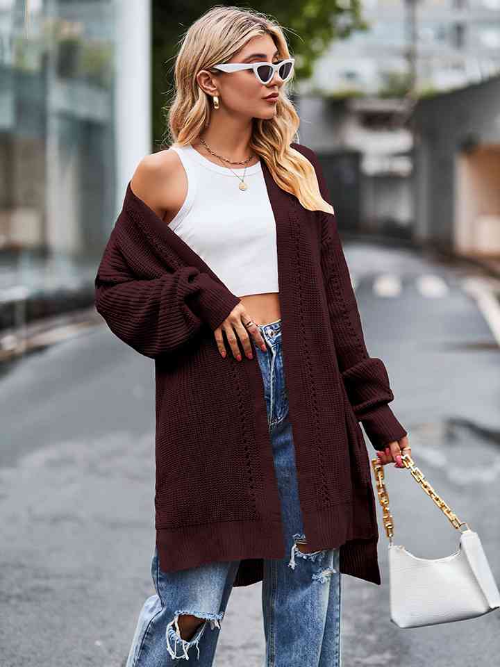 Long Sleeve Waffle-Knit Cardigan - Ladyez