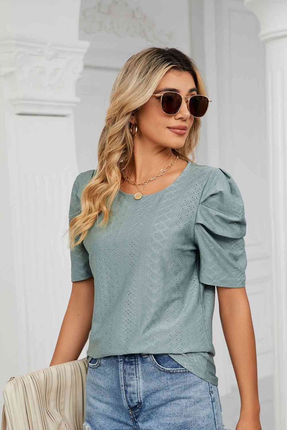 Eyelet Puff Sleeve Round Neck Blouse - Ladyez