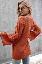 V-Neck Spliced Lace Flare Sleeve Top - Ladyez