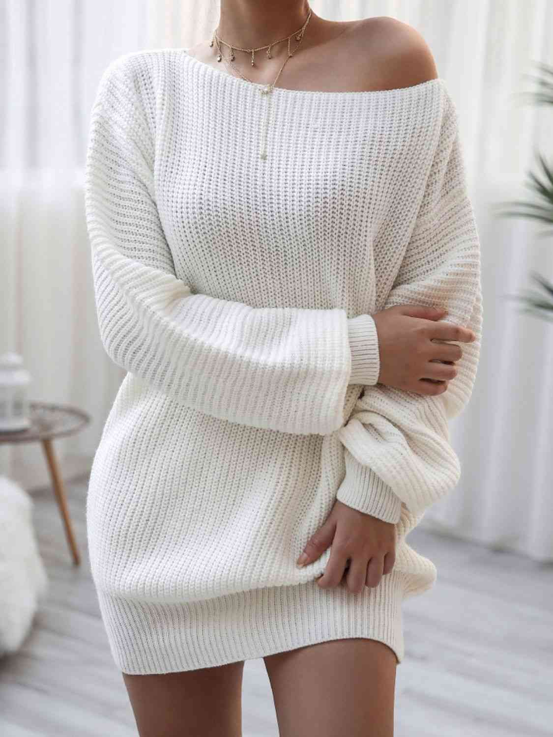 Rib-Knit Balloon Sleeve Boat Neck Sweater Dress - Ladyez