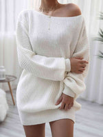 Rib-Knit Balloon Sleeve Boat Neck Sweater Dress - Ladyez