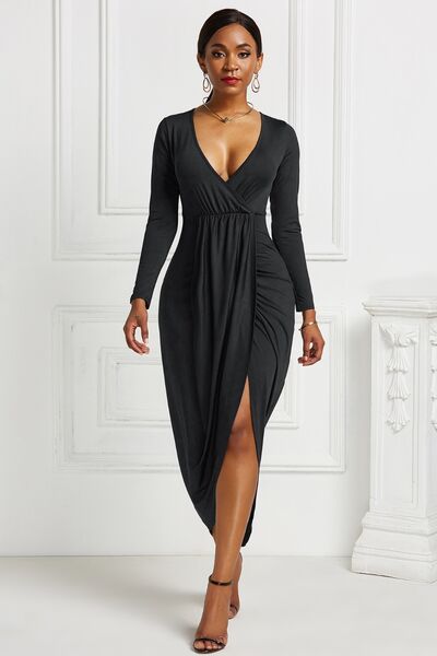 High-low Ruched Surplice Long Sleeve Dress - Ladyez