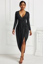 High-low Ruched Surplice Long Sleeve Dress - Ladyez