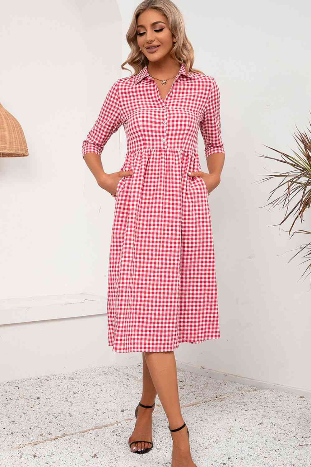Plaid Collared Neck Midi Dress - Ladyez
