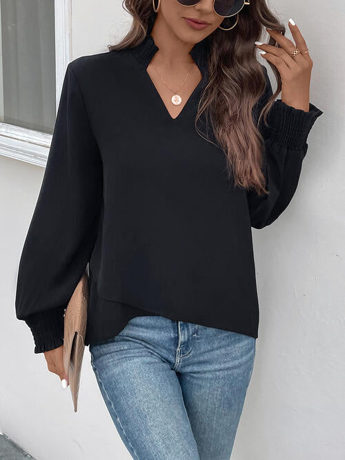 Smocked Notched Long Sleeve Blouse - Ladyez