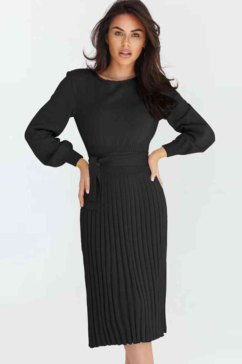 Round Neck Long Sleeve Pleated Sweater Dress - Ladyez