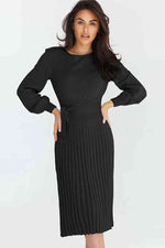 Round Neck Long Sleeve Pleated Sweater Dress - Ladyez