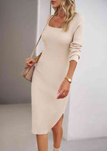 Rib-Knit Slit Sweater Dress - Ladyez