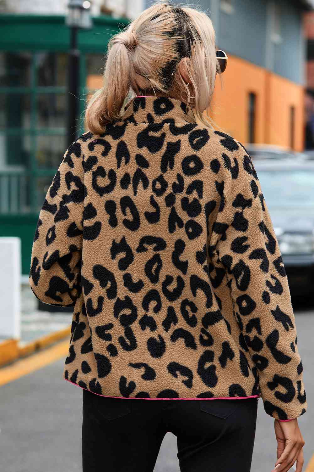 Leopard Zip-Up Dropped Shoulder Jacket - Ladyez