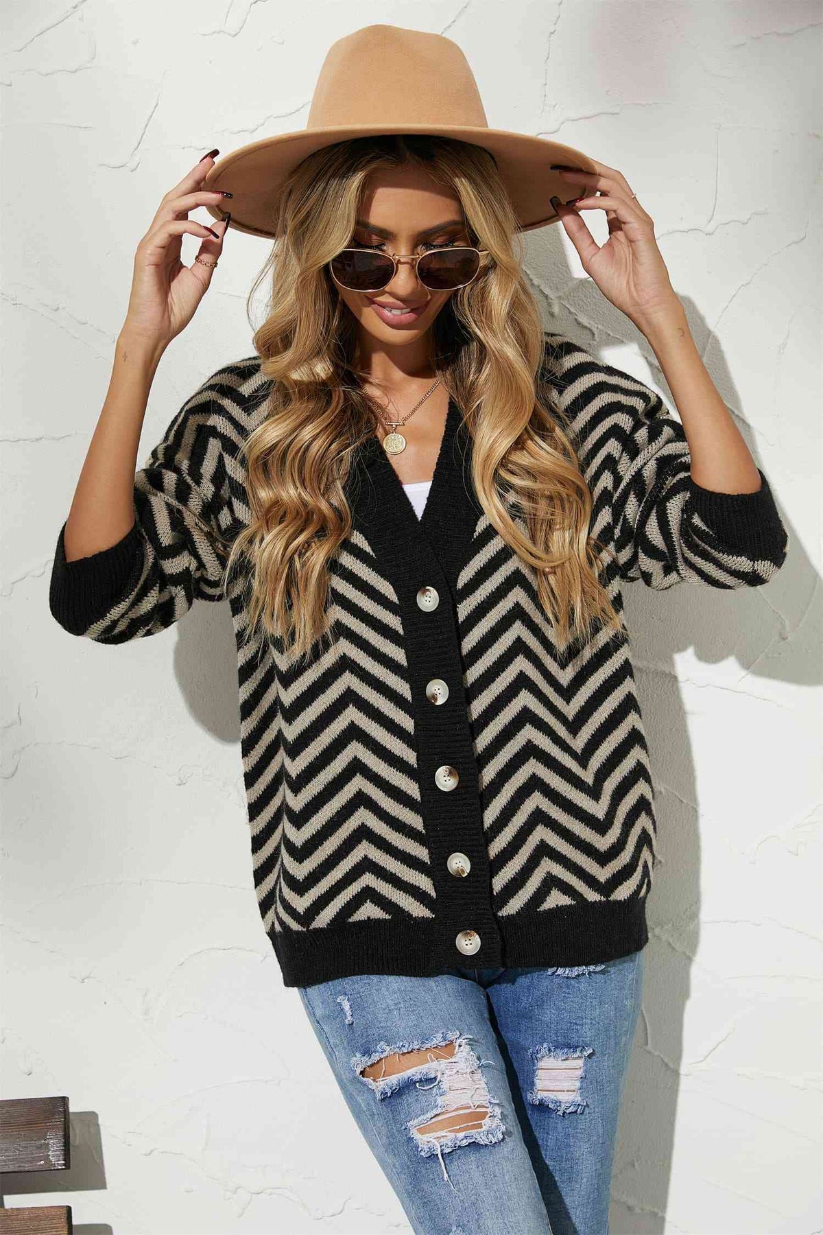 V-Neck Button-Down Cardigan - Ladyez