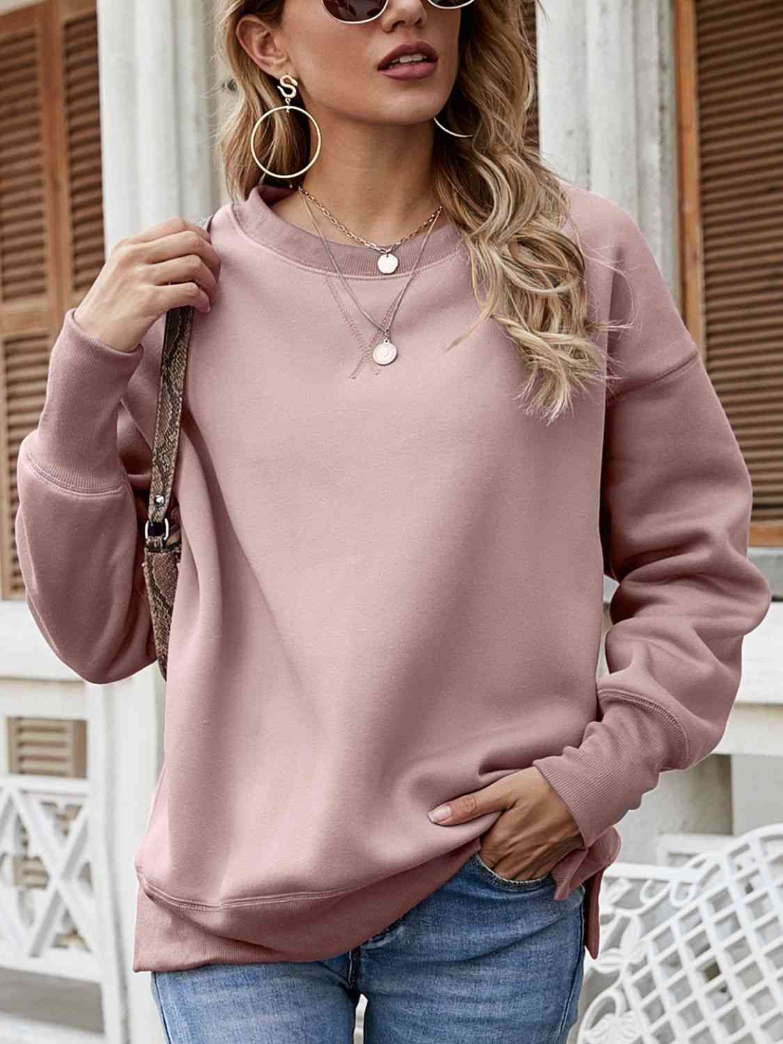 Dropped Shoulder Slit Sweatshirt - Ladyez