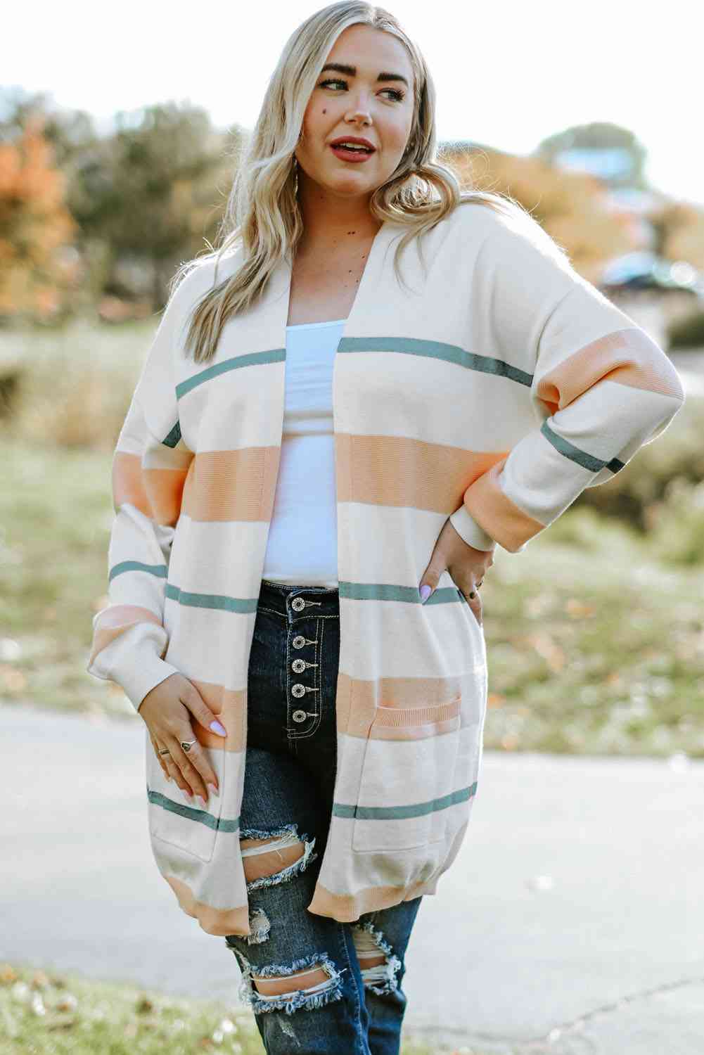 Plus Size Striped Open Front Cardigan - Ladyez