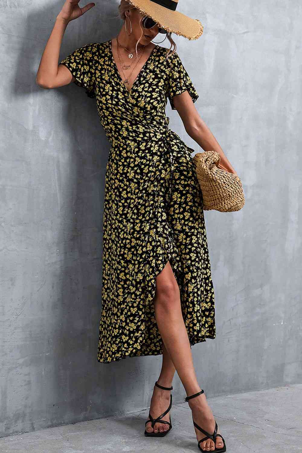 Floral Surplice Neck Tied Midi Dress - Ladyez