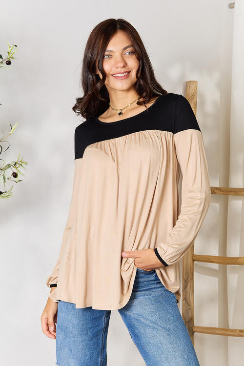 BOMBOM Contrast Long Sleeve Ruched Blouse - Ladyez