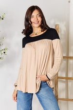 BOMBOM Contrast Long Sleeve Ruched Blouse - Ladyez