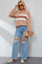 Ribbed Color Block Exposed Seam Round Neck Blouse - Ladyez