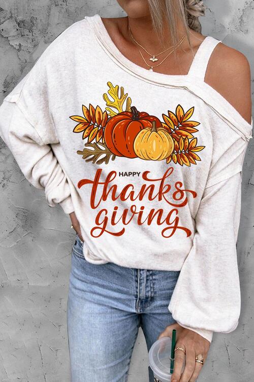 THANKSGIVING Asymmetrical Neck Long Sleeve Top - Ladyez