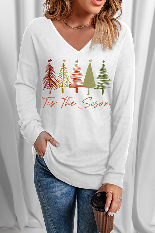 Graphic V-Neck Long Sleeve T-Shirt - Ladyez