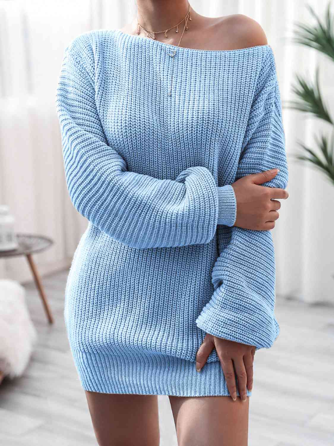 Rib-Knit Mini Sweater Dress - Ladyez