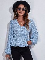 Floral V-Neck Balloon Sleeve Peplum Blouse - Ladyez