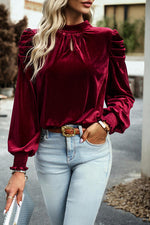 Tie Up Mock Neck Velvet Fabric Long Sleeve Blouse - Ladyez
