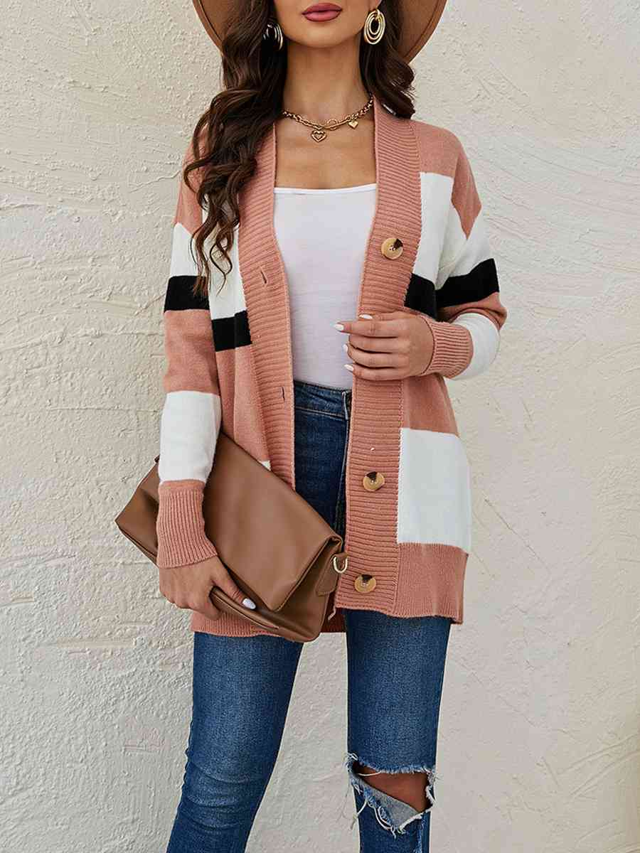 Color Block Button Down Cardigan - Ladyez