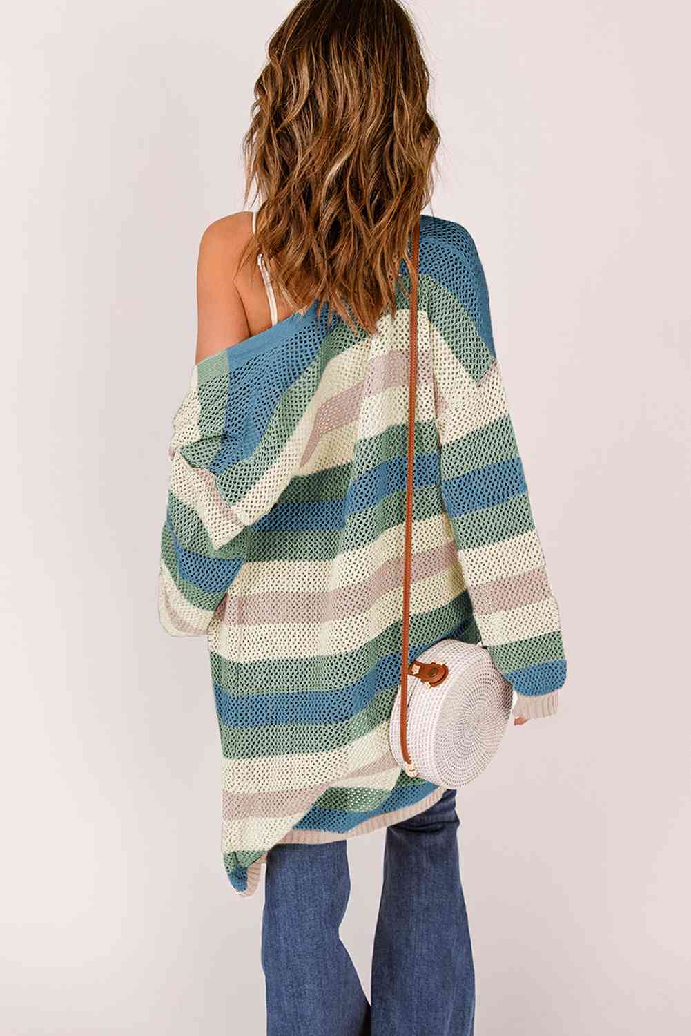 Full Size Striped Long Sleeve Openwork Cardigan - Ladyez