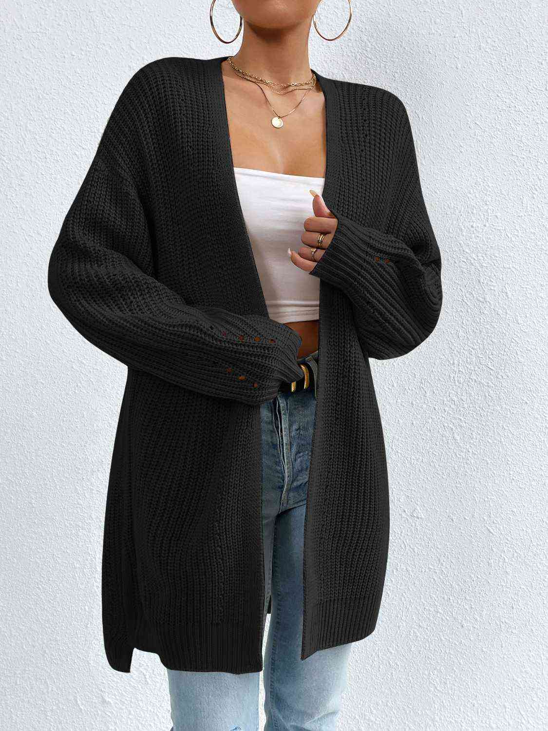 Open Front Dropped Shoulder Slit Cardigan - Ladyez
