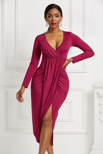 High-low Ruched Surplice Long Sleeve Dress - Ladyez