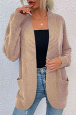 Open Front Rib-Knit Cardigan with Pockets - Ladyez