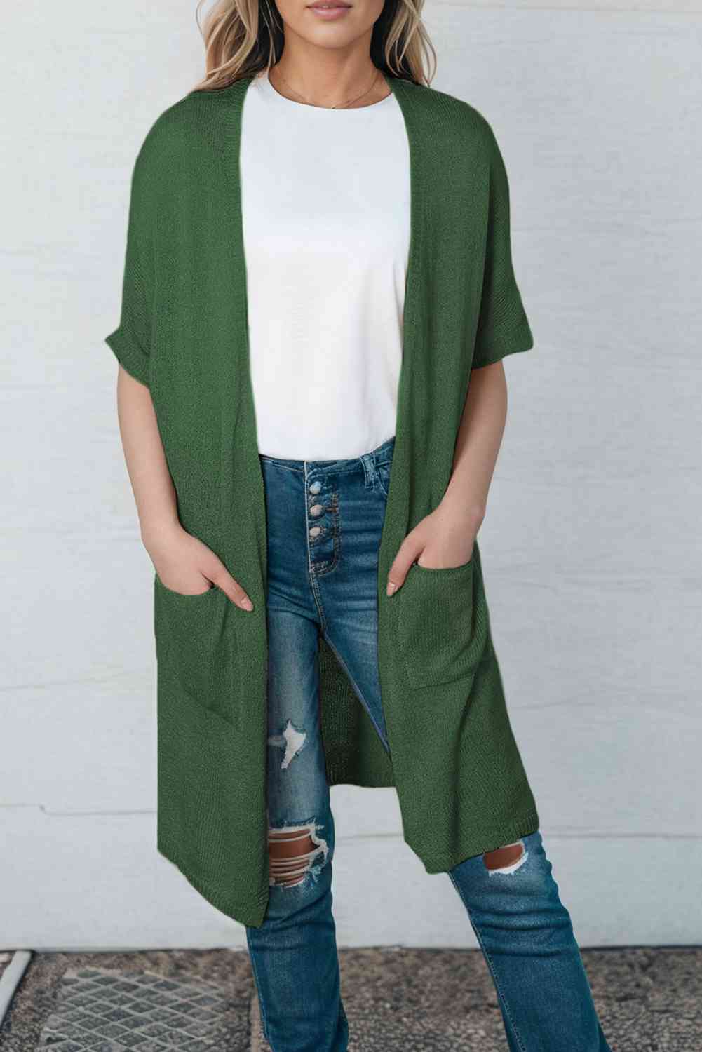 Open Front Sweater Cardigan with Pockets - Ladyez