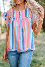 Multicolored Stripe Flutter Sleeve Blouse - Ladyez