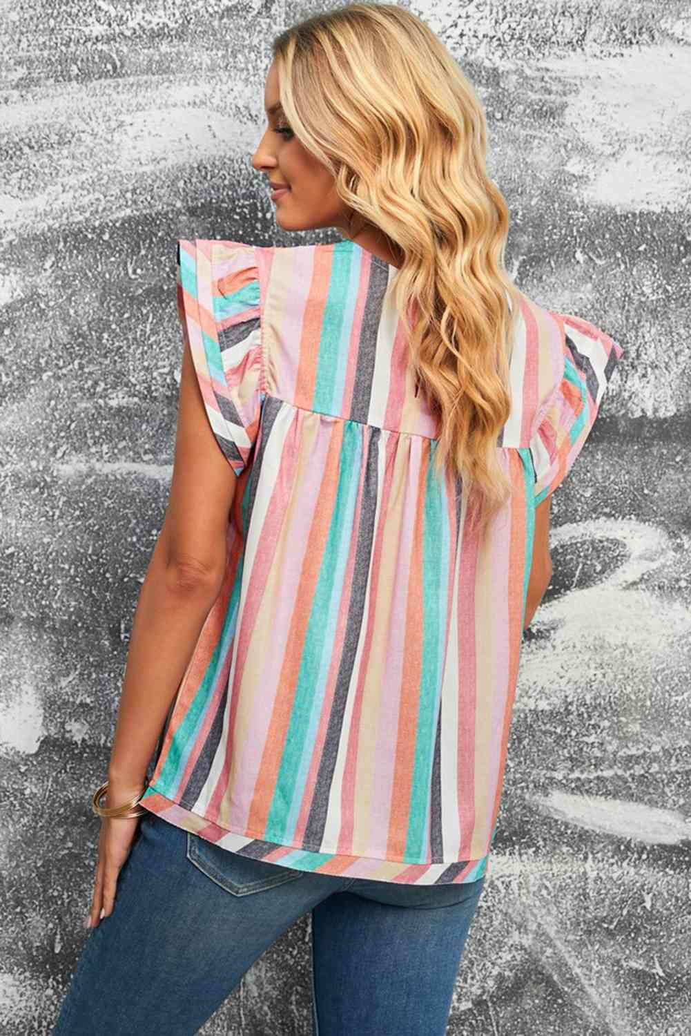Multicolored Stripe Flutter Sleeve Blouse - Ladyez