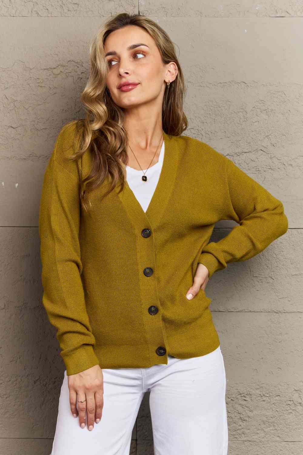 Zenana Kiss Me Tonight Full Size Button Down Cardigan in Chartreuse - Ladyez