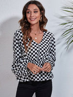Checkered V-Neck Balloon Sleeve Peplum Blouse - Ladyez