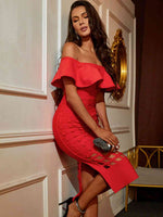 Layered Off-Shoulder Cutout Slit Midi Dress - Ladyez